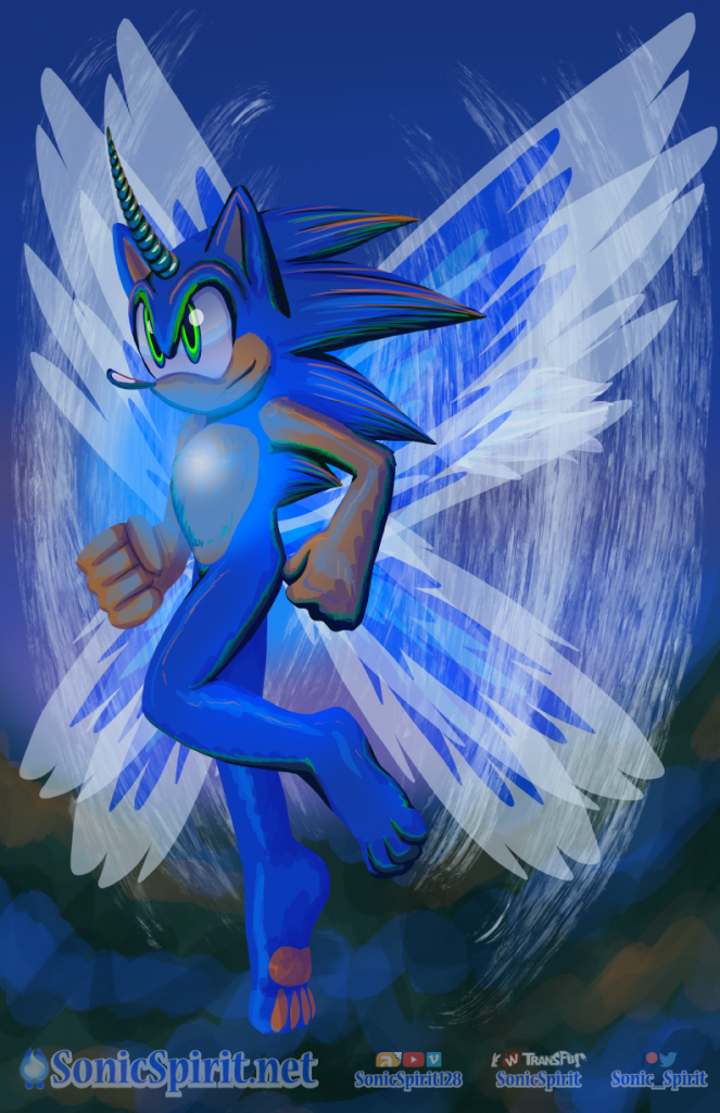 Digital art of Sonic the Hedgehog with fairy wings and a green unicorn horn.