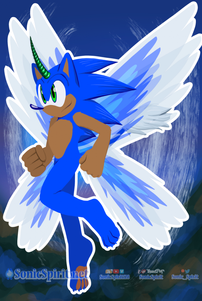 Digital art of Sonic the Hedgehog with fairy wings and a green unicorn horn.